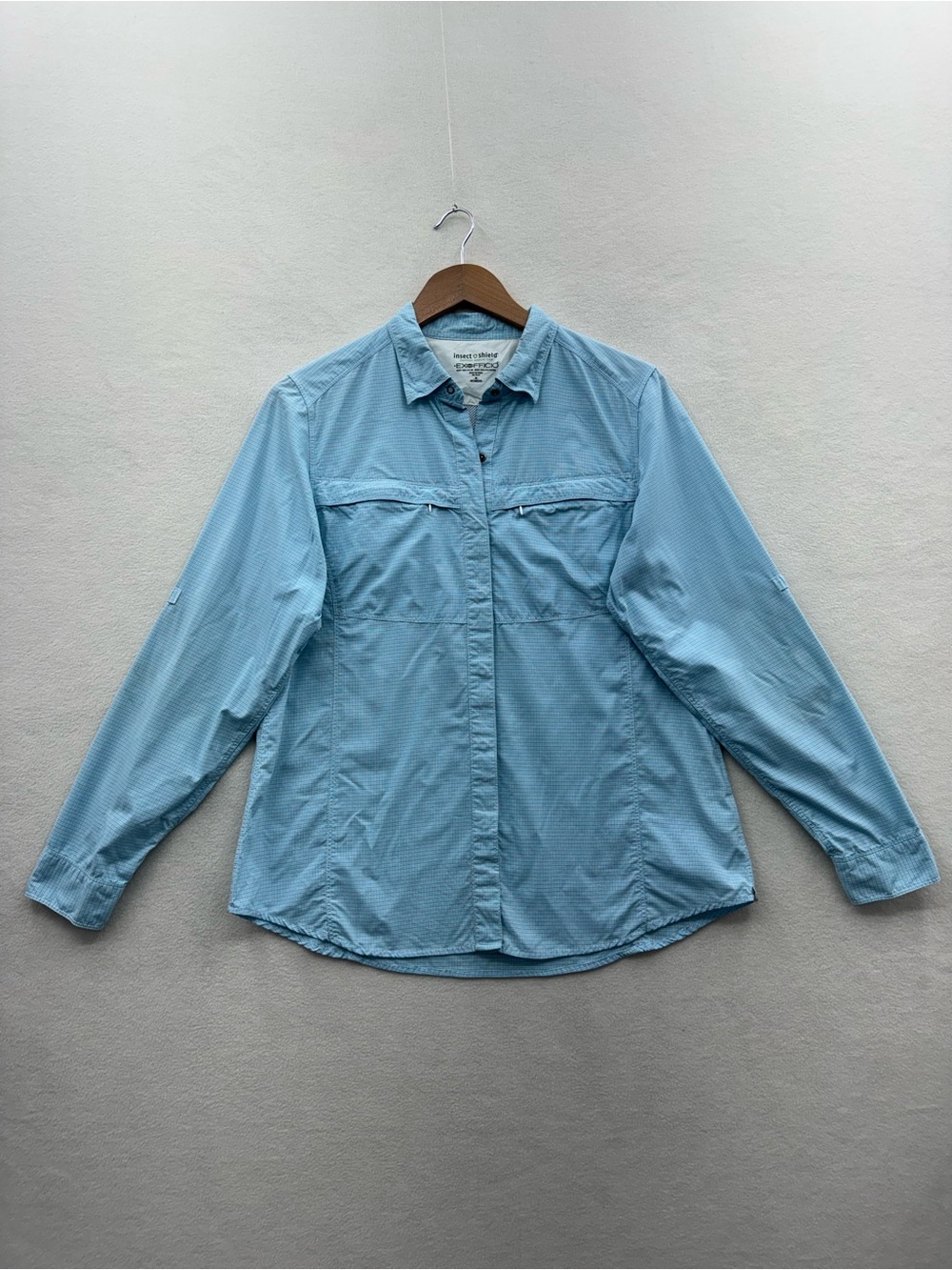 ExOfficio Shirt Women’s Medium Blue Insect Shield Long Sleeve Button Down Hiking